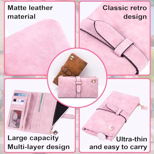 FuninCrea Womens Wallet, PU Leather Wallet Purse Bifold Wallets for Women with Buckle, Long Ladies Purses With Metal Zipper and Multiple Slots for Working, Travelling (brown)4