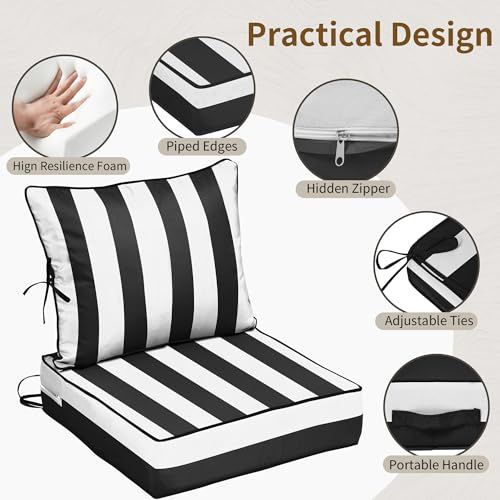 Image of 24x24 Outdoor Chair Cushions 2 Set, Waterproof Deep Seat Cushions for Patio Furniture with Removable Cover, Fade Resistant 4'' Outdoor Seat Cushion w / Ties Handle for Sofa Couch,Black White Stripes