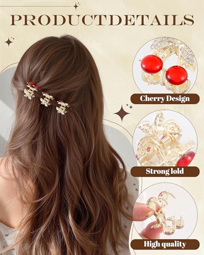 6PCS Rhinestones Cherry Small Hair Clips-Mini Claw Clips for Women, Metal Springs, Cute Hair Accessories for Updo and Half Up Styles (Crystal Cherry) — view 2