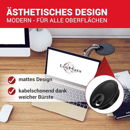 LouMaxx Kabeldurchführung 60mm Ø - 2er Set Kabeldurchlass Metall Schwarz - Kabeldurchführung Schreibtisch mit Staubdichtung – für mehr Ordnung