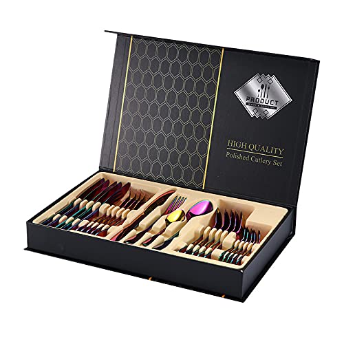 24 Piece Colorful Silverware Set for 6,Hammered Spoons and Forks Set Stainless Steel Silverware Tableware Cutlery Flatware Set for Home Restaurant Kitchen Utensils Set, Dishwasher Safe