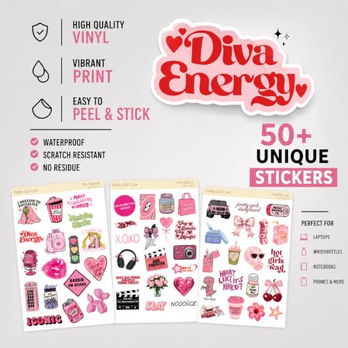 Image of Kawaiee Aesthetic Sticker Collection | Cute Pink Stickers for Laptop, Journal, Water Bottle, Phone Case & Scrapbook | Main Character Energy, Self Care & Y2K Inspired Vinyl Decals (3 Sheets)