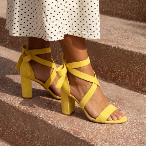 Image of Strappy Heels for Women Chunky Heels High Heeled Sandals with Lace Up Fahsion Casual Nude Block Heel Sandals