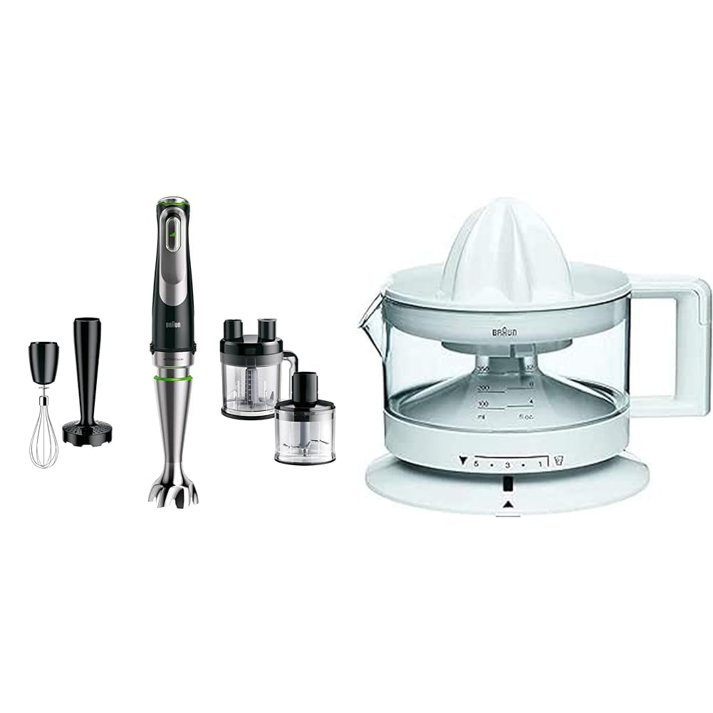 Braun Hogar Minipimer MQ 9187XLI Batidora de Mano, 1200W, vaso medidor & TributeCollection CJ3000 WH - Exprimidor Eléctrico, 20 w, 350ml, Cantidad de Pulpa Ajustable