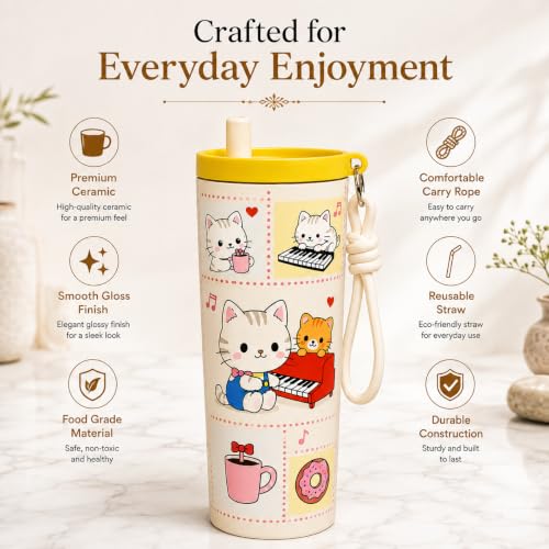 Image of Vasukie Cat Water Bottle Straw Lid and Carrying Strap - Stainless Steel Travel Cup Tumbler - Cute Cat Character Drinkware for Girls, Women. (Character May Vary)