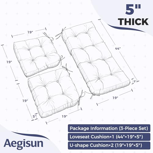 Aegisun Wicker Chair Cushions of 3 Pieces, Waterproof Cushions for Patio Furniture, Tufted Wicker Outdoor Furniture Cushions, 1 Patio Loveseat Cushion and 2 U-Shaped Cushions, 44"x19"x5", Navy Blue - image 2