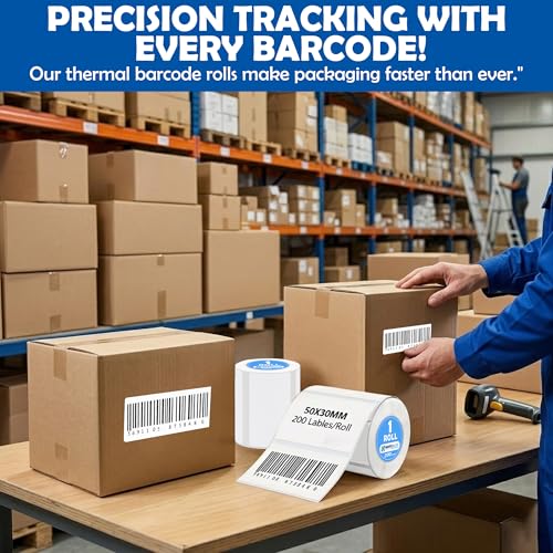 Image of MOREBLUE Thermal Sticker Labels 50x30mm Pack of 5 Rolls | 1000 Labels Total (200 per Roll) | Self Adhesive Barcode Labels | Easy Peel, Smudge Resistant | Shipping & Address Use