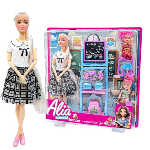 Image of Lyla Alia School Teacher Doll Set - Classroom Role Play Kit with Blackboard, Desks & Students | Educational Doll Toy for Girls Age 3+