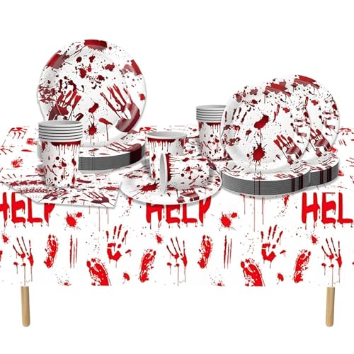 97 piezas de suministros de fiesta temática sangrienta de Halloween, platos de papel desechables y vajilla para cumpleaños, cena embrujada, reunión