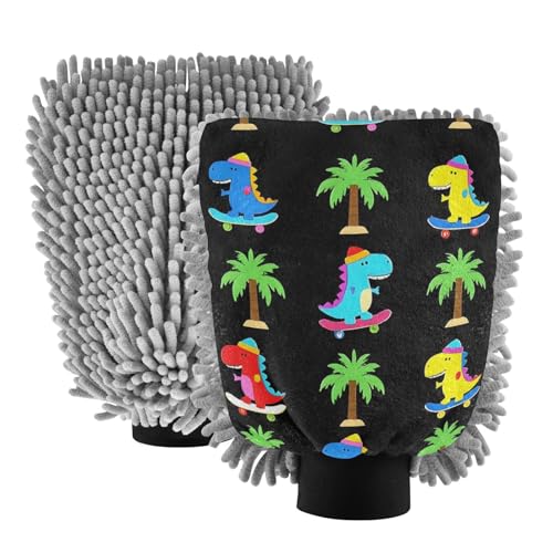 ALAZA Cute Dinosaurs Dino Palm Tree Car Wash Mitt Scratch Free, 2 Pack Absorbent Microfiber/Chenille Washing & Drying Mitts, M