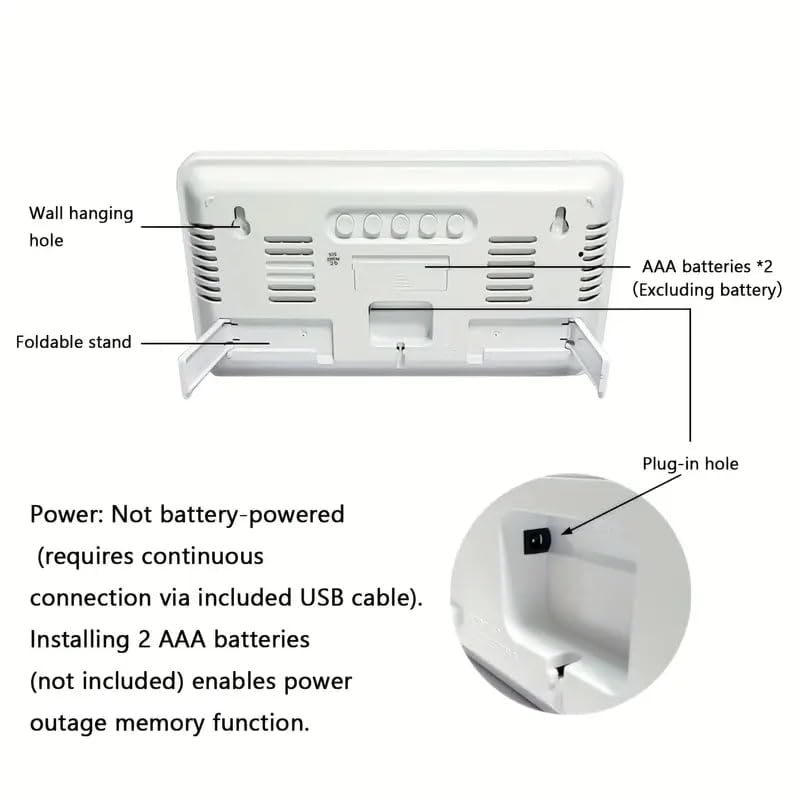 Back view of the ONTRIP DS-3826L Large Digital Wall Clock, highlighting wall hanging holes, a foldable stand, AAA battery compartment, and the USB plug-in hole.