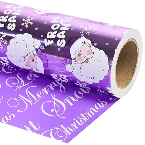 Altarho Christmas Wrapping Paper Mini Roll 17 inch X 16.5 Feet Printed on Purple Metallic Foil Paper - Reversible Santa and Snowflakes for Xmas Holiday Party Celebration (Purple Santa 17 Inch X 16.5 Feet)