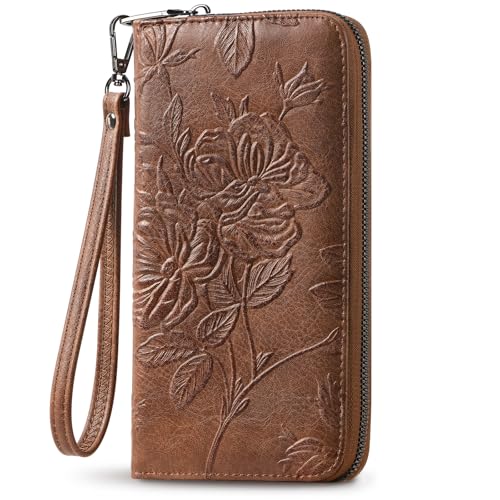 FORUWISH Wallet Women RFID Credit Card Holder Embossed Vegan Leather Large Capacity Brown Wristlet Wallets for Women