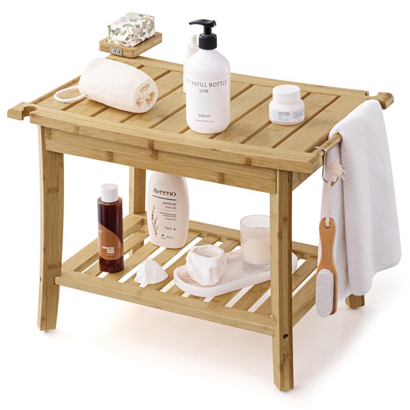 Oyydecor Premium Bamboo Shower Bench, Waterproof Shower Stool with Storage, Handles, and Towel Shelf, Wood Shower Chair for Inside Shower & Outdoor Use