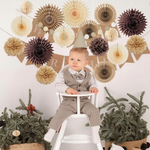 Party Deko Braun Beige Neutral Pompons Deko Braun Beige Papier Fächer Party Blumen Wabenbälle für Vintage Babyparty JGA Frauen Boho Geburtstagsdeko Hochzeit