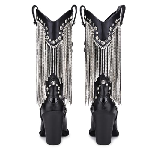Dolls Kill Present Perfect Cowboy Boots by Sugar Thrillz - Vegan Leather Footwear With Rhinestone Fringe and Jewel Studs2