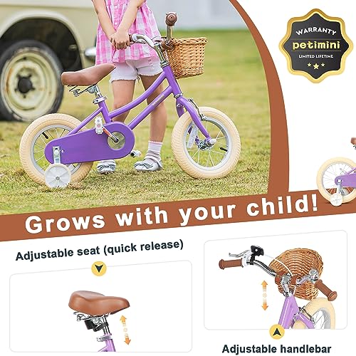 Image of Petimini Vintage Kids Bike for Girls, 12-20 Inch Classic Bicycle with Wicker Basket & Bell, High Tensile Steel Frame, Training Wheels (12-18 inch), 85% Pre-Assembled, Retro Bike for Outdoor Riding