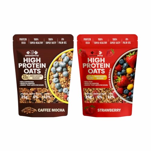 Image of GrowFitz 25g High Protein Oats 800 Gram, Pack of 2 | Strawberry & Coffee Mocha Flavor Combo Breakfast Oatmeal | 17g High Fiber, Almonds, Raisin, Pumpkin, Chia Seeds, Super Rolled Oats | No Added Sugar