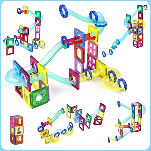 image for Serrelim Marble Run Magnetic Tiles, 45pcs Marble Run Race Track 3D Mag