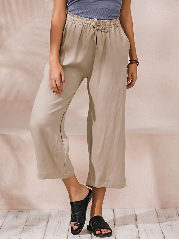 ECUPPER Womens Linen Cropped Pants Loose Casual Capri Cotton Wide Leg Plus Size Elastic Waist with Drawstring Trouses - Image 3