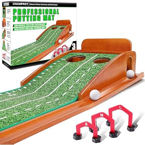 CHAMPKEY Premium Wooden Golf Putting Mat with 3 Golf Putting Gates - Realistic Putting Surface Simulates Real Golf Putting Green - Improve Putting Accuracy and Challenge Cover