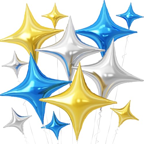 Image of Blue Gold Silver Star Balloons,12Pcs Four Angle Star Foil Balloons | 26Inch and 10Inch Blue Gold Silver Quadrangle Star Helium Balloon for Birthday Graduations Wedding Party Decorations
