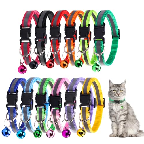 12 Pièces Collier pour Chat Réfléchissant, Boucle de Sécurité Collier Chat Anti éTranglement Longueur Ajustable 20cm-32cm avec Cloche, Convient à Tous...