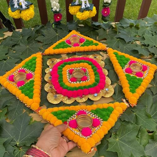 LOVENSPIRE Rangoli Mat with Tea Light Candle Holder for Diwali Christmas Onam Pongal Decorations Pompom Rangoli Floor Home Temple Table Decor - Indian Traditional Deepawali Decoration (1 PCs)