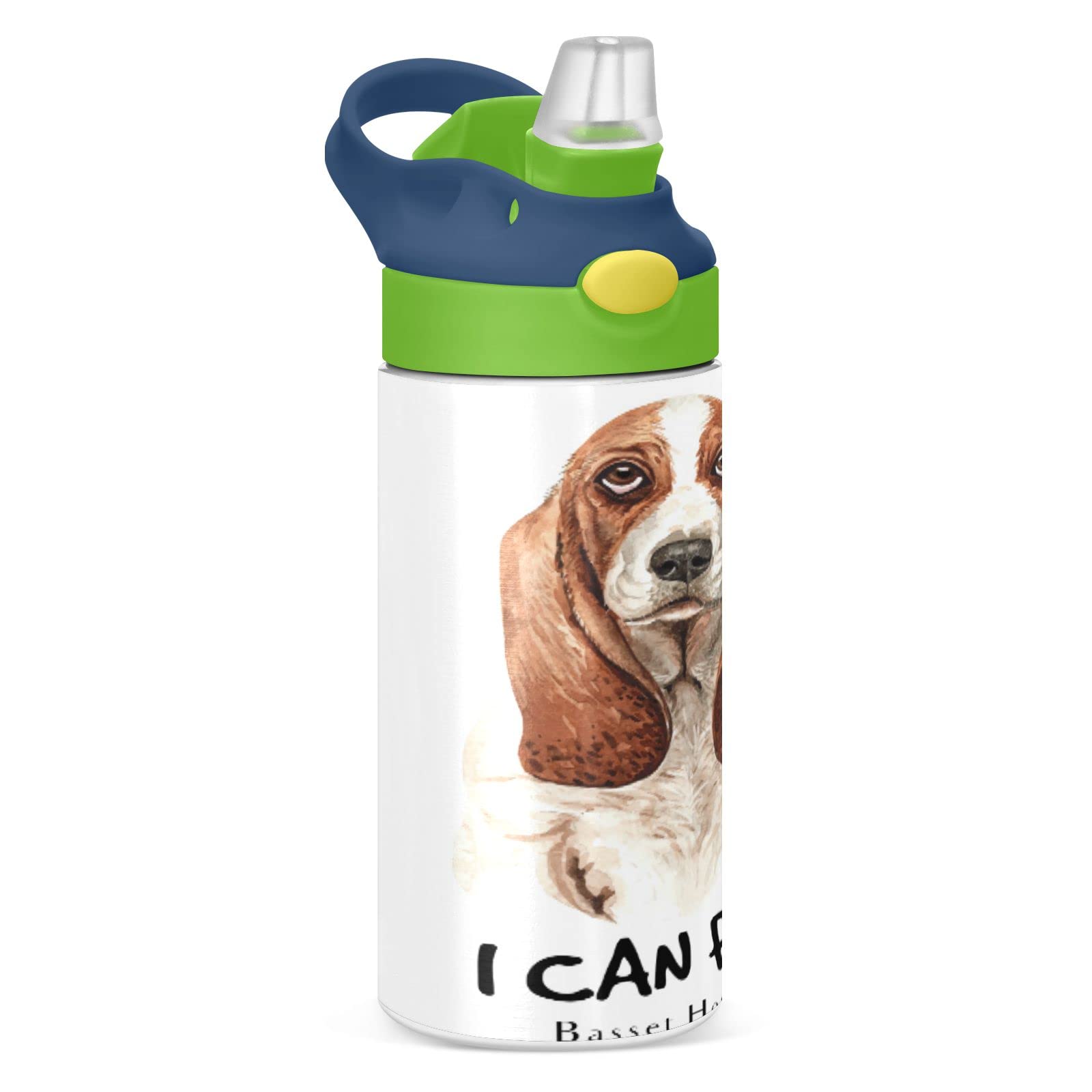 MCHIVER Basset Hound Dog Watercolor Printing Kids Water Bottle with Straw Insulated Stainless Steel Kids Water Bottle Thermos for School Girls Boys BPA Free Cups 12 oz / 350 ml Green Top
