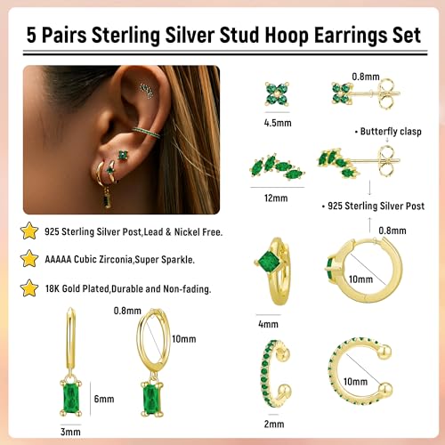 5 Pairs Sterling Silver Stud Hoop Earrings for Women Teens Dainty 14k Gold Dainty Earrings 925 Sterling Silver Cartilage Earrings Stud Earrings Huggie Earrings Set for Multiple Piercing Small Hoop Earrings Stacks4