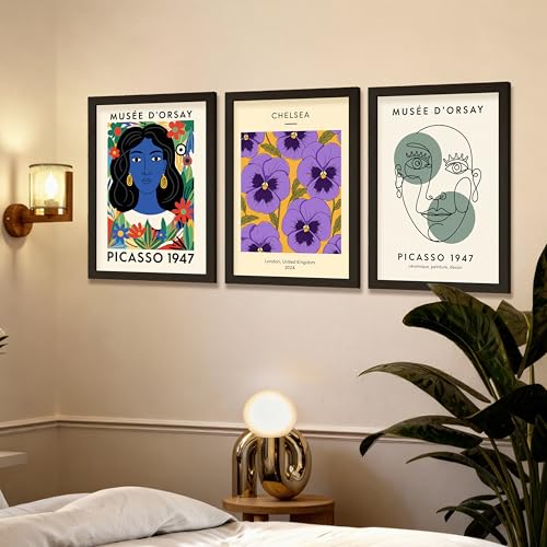 Image of NoWorries Modern Abstract Wall Art Frame | London Chelsea Floral Print & Picasso' Inspired Wall Art Paintings 300 GSM Premium Prints | Stylish Home Decor for Living Room, Office & Bedroom | Synthetic Wooden Wall Art Frames (Set of-3) (BLACK, ART-10, 13X19INCHES)