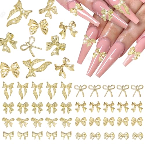 40 Pcs Metal Bows Nail Charms Alloy Nail Bows Charm 3D Golden Bowknots Charms for Nails Assorted Luxury Shiny Bow Tie Nails Gems Charm Nail Art Accessories