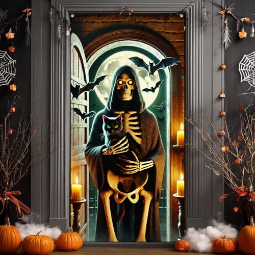 Image of BlissYard Halloween Door Cover Skeleton Black Cat 35x71 Inch Polyester