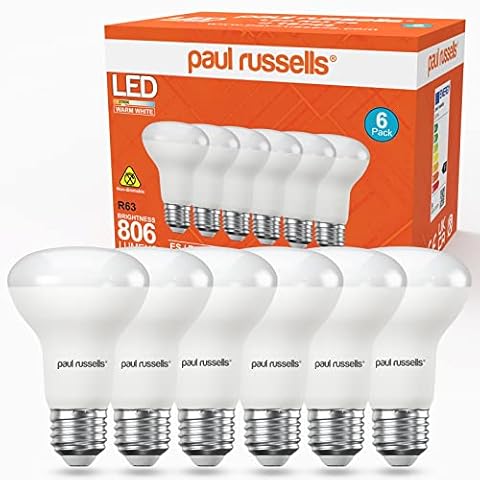 paul russells Warm White E27 Spotlight 8.5W LED Reflector R63 Light Edison Screw 60w Equivalent Bulb 806 Lumen 2700K Frosted 120° Beam Angle ES Energy Saving Lightbulbs, Pack of 6 Cover