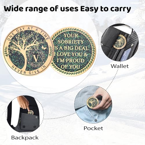 Image of LParkin 5 Year Sobriety Coin, Tree of Life Sobriety Coin, AA Medallion, Sobriety Gifts for Women and Men, Sober Anniversary Token, Alcoholics Anonymous Medallion