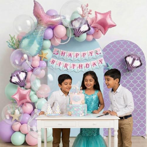 Image of Party Propz Mermaid Theme Birthday Decorations Kit for Girls - 44 Pcs, Mermaid Balloons for Birthday, Transparent Round Balloons with Foil Balloons, Happy Birthday Decoration Kit for Girls (Cardstock)
