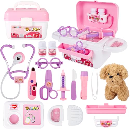 HYAKIDS Kit Veterinario Gioco Valigetta Dottore Bambini Giocattolo, Kit Dottoressa con Peluche Cane Giochi di Imitazione per Ragazze e Ragazzi di 3 4 5 Anni