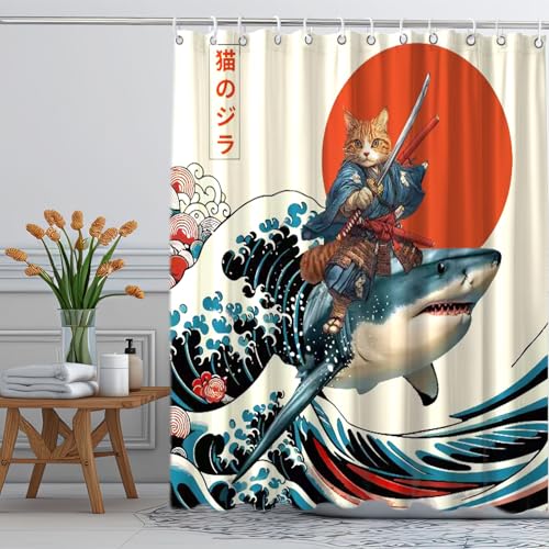 Image of Funny Japanese Cat Shower Curtain, Cat Riding Shark Japan Anime Ocean Wave Waterproof Shower Curtain with Hooks, Funky Animal Sun Fabric Shower Curtains Kids Bathroom Decor 72X72inches