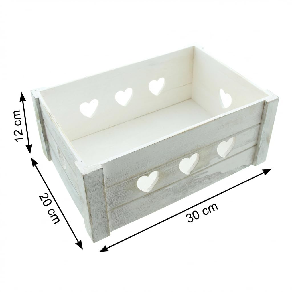 FRANK FLECHTWAREN Holzkiste mit Herzmuster, Aufbewahrungsbox aus massivem Holz, 30x20x12cm, handgefertigt & stabil, weiß gekalkt, für Wohnzimmer & Kinderzimmer Küche, Haushalt & Wohnen