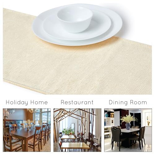Image of Encasa XO Fine Chenille Table Runner for Dining with V-End and Tassels, 4 Seater Size 32x150 cm - Cream | Decorative Cloth for Party, Wedding, Home, Cafes, Restaurants & Hotels