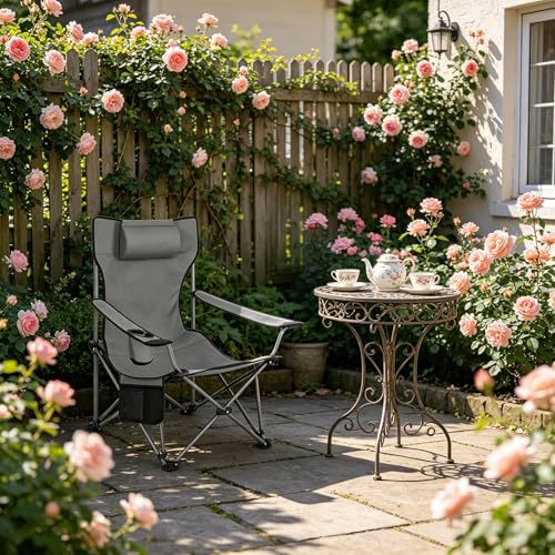 vutizal Silla de camping plegable – 150 kg, plegable, tela Oxford 600D, con soporte para bebidas, respaldo ajustable, silla de playa plegable para camping, pesca, pícnic, color gris