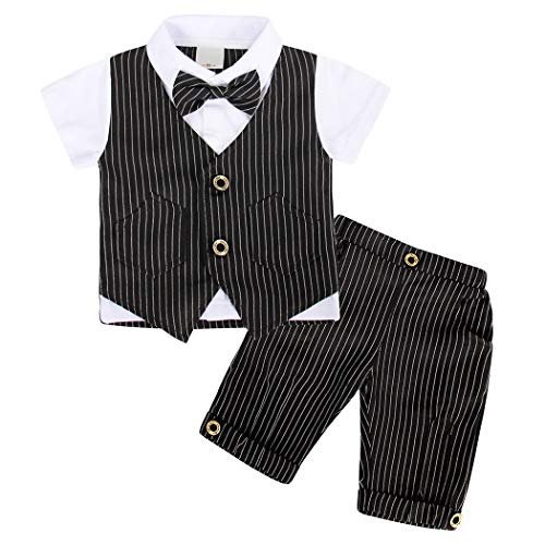 MetCuento Baby Boy Wedding Outfits Short Sleeve Tuxedo Bow Tie Waistcoat Birthday Party Gentleman Formal Suit Dress Clothes Black 9-12 Months