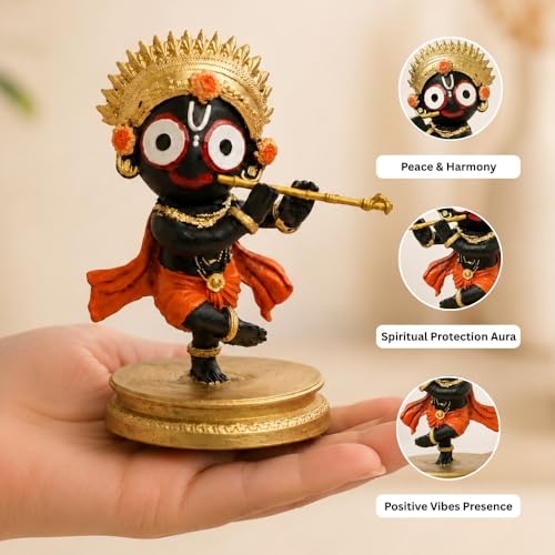 Image of VAMA Siddh Lord Jagannath Idol 4.5 Inch - Premium Hand Painted Flute Jagannath Murti for Home, Temple, Office Desk & Car Dashboard | Resin Puri Jagannath Decorative Idol for Gifting & Spiritual Decor