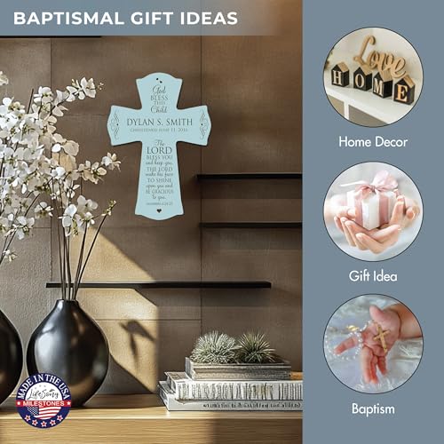 Image of LifeSong Milestones Personalized Baptism 1st Holy Communion Christening Wall Cross Decoration God Bless This Child the Lord Bless You and Keeps You (8.5 inch x 11 inch, Blue)