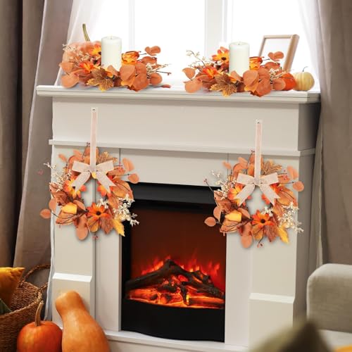 Image of 6 Pcs 3 Inch Fall Floral Swags Wreaths Mini Autumn Harvest Sunflowers Leaves Berries Candle Rings Wreath Mini Thanksgiving Table Centerpiece Wreath for Pillar Cabinets Farmhouse Front Door Decoration