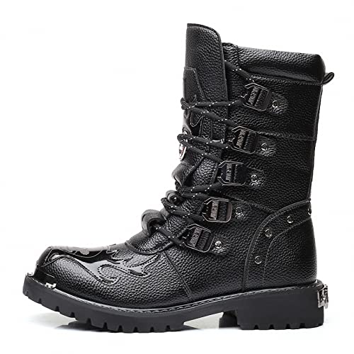Mens Motorcycle Backpacking Military Boots Gothic Mid-Calf Retro Leather Punk Rock Tactical Steel Metal Round Toe Waterproof Riding Hunting Walking Footwear Outdoor Hiking Camping Climbing Trekking2