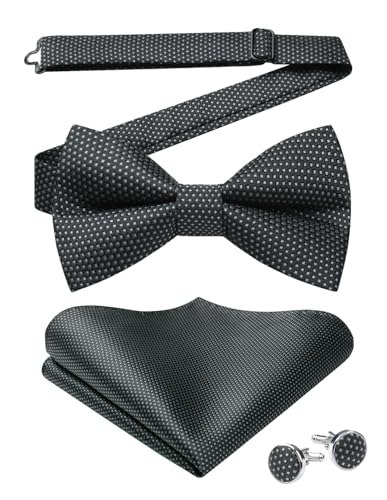 Image of HISDERN Mens Plaid Bow Tie Set Pocket Square and Cufflinks Bowtie | Pretied Bowties Design for Easy Wear,Check Pattern,Matching Handkerchief Cuff Link,3PCS Set Wedding Formal Party Groom Prom