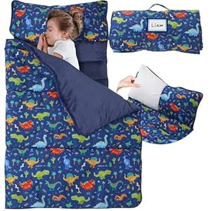Toddler Nap Mat with Detachable Pillow & Blanket – Soft Plush Minky Fleece Kids Sleeping Bag for Daycare, Preschool & Travel – Portable Roll-Up Design with Carry Handle – Boys Girls Ages 3+