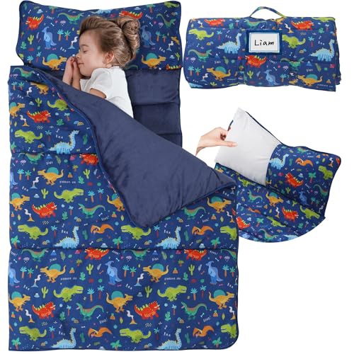 E1F1NN DOT Toddler Nap Mat with Detachable Pillow & Blanket - Soft Plush Minky Fleece Kids Sleeping Bag for Daycare, Preschool & Travel - Portable Roll-Up Design with Carry Handle - Boys Girls Ages 3+
