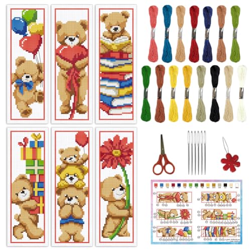 Image of INFUNLY 6PCS Brown Bear DIY Cross Stitch Bookmark Kits 8.5 inchx2.9 inch Cute Bear Stamped Embroidery Kits with Instructions Balloons Gift Box Needlepoint Bookmark Kits for Book Lovers Readers Writers